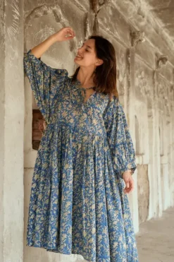 The TwoSisters Plus Size|Zwangerschapsjurk-Fay Jurk Handblock Blauw
