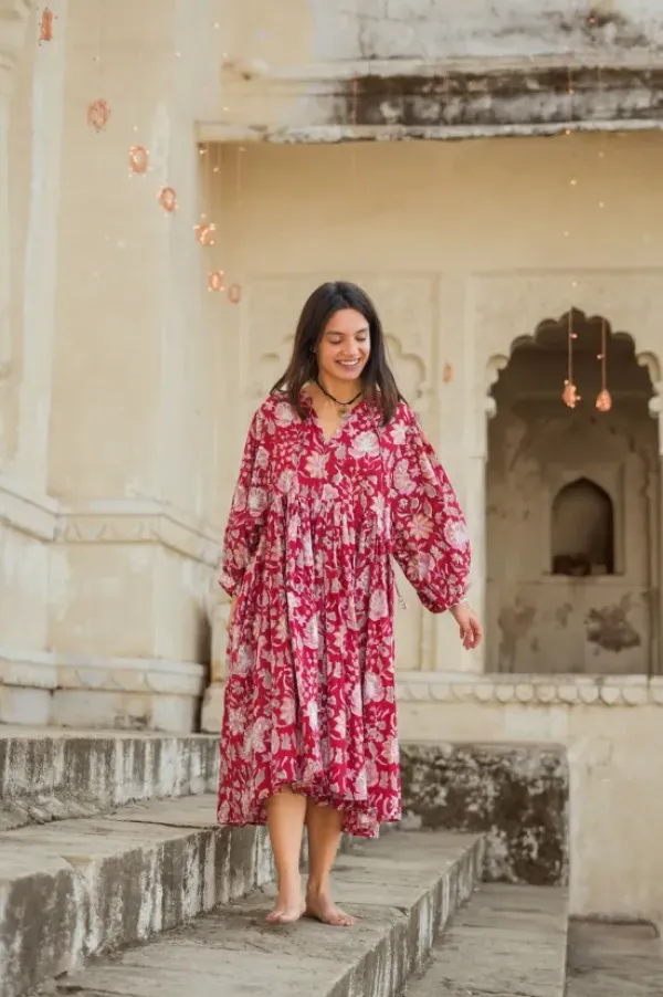 The TwoSisters Plus Size|Zwangerschapsjurk-Fay Jurk Handblock Rood