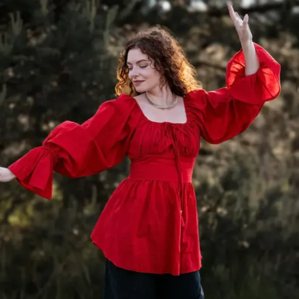 The TwoSisters Tops|Lange Mouw-Vaiana Boho Blouse Knalrood